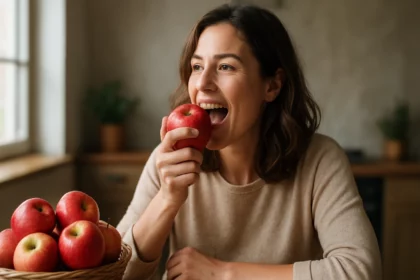 Žena si vychutnáva červené jablko v kuchyni.