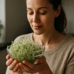 Žena s lucernovými klíčky v miske, vyžarujúca zdravie a vitalitu.