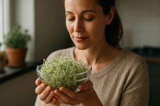 Žena s lucernovými klíčky v miske, vyžarujúca zdravie a vitalitu.