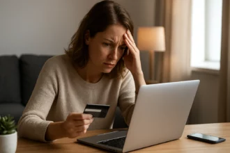Žena so zlým pocitom pri online nakupovaní s platobnou kartou.