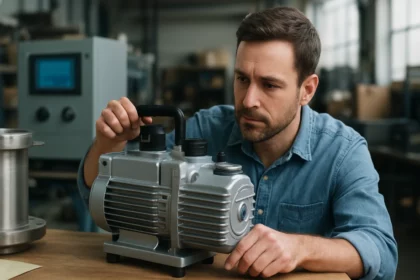 Muž kontroluje vodokružné vákuové čerpadlo v priemyselnom prostredí.