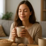 Žena si vychutnáva obilninovú kávu v útulnom prostredí.