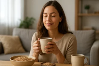 Žena si vychutnáva obilninovú kávu v útulnom prostredí.
