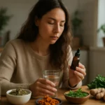 Žena s bylinným výťažkom na stole s prírodnými ingredienciami.