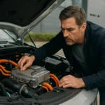 Muž kontroluje technológiu predlžovača dojazdu v elektrickom vozidle.