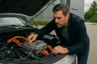 Muž kontroluje technológiu predlžovača dojazdu v elektrickom vozidle.