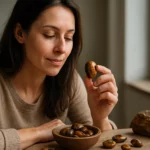 Žena skúma minerál tigrie oko s pocitom spokojnosti