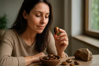 Žena skúma minerál tigrie oko s pocitom spokojnosti