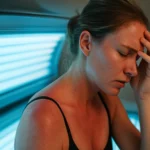 Žena s bolesťou hlavy v soláriu po opakovanom použití.
