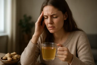 Žena s bolesťou hlavy drží šálku zázvorového čaju