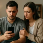 Pár sleduje obsah na mobile, vyjadrujúce napätie a obavy.