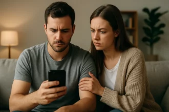 Pár sleduje obsah na mobile, vyjadrujúce napätie a obavy.