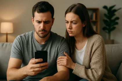 Pár sleduje obsah na mobile, vyjadrujúce napätie a obavy.