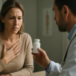 Lekár diskutuje o benzoane sodnom s pacientkou, ktorá sa obáva.