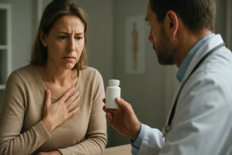 Lekár diskutuje o benzoane sodnom s pacientkou, ktorá sa obáva.