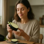 Žena s baklažánom v kuchyni, vychutnáva jeho zdravotné výhody.