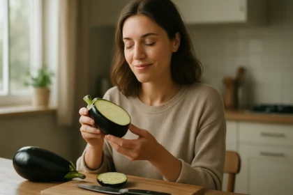 Žena s baklažánom v kuchyni, vychutnáva jeho zdravotné výhody.