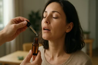 A woman using herbal Renol drops for natural health support.