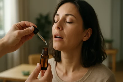 A woman using herbal Renol drops for natural health support.