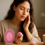 Žena s ružovým achátom v ruke, symbol liečivej energie a harmónie.