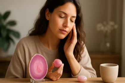 Žena s ružovým achátom v ruke, symbol liečivej energie a harmónie.