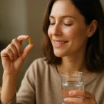 Žena s vitamínom E a pohárom vody podporuje vitalitu a zdravie.