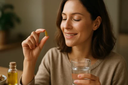 Žena s vitamínom E a pohárom vody podporuje vitalitu a zdravie.