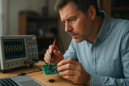 Muž skúma MOSFET tranzistor na elektrónovej doske s osciloskopom.