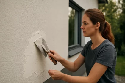 Žena nanášajúca silikónovú omietku na stenu domu.