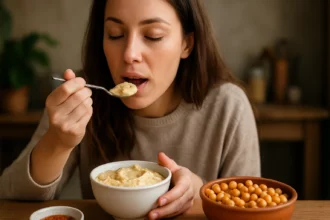 Žena si vychutnáva cícerový krém s spokojnosťou.