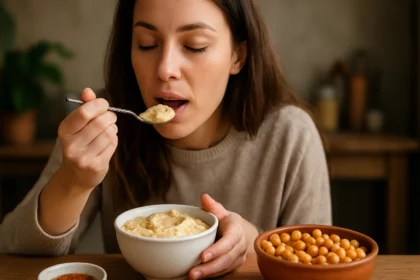 Žena si vychutnáva cícerový krém s spokojnosťou.