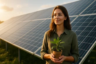 Žena so zelenou rastlinou pred solárnymi panelmi