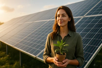 Žena so zelenou rastlinou pred solárnymi panelmi