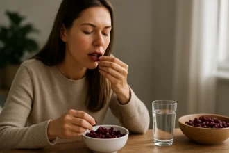 Žena vychutnáva sušené brusnice, zdravú pochúťku plnú antioxidantov.