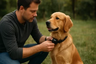 Muž inštaluje elektronický obojok na psa v prírode.
