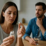 Žena s acetylcysteínom, pripravujúca sa na užitie tablety.