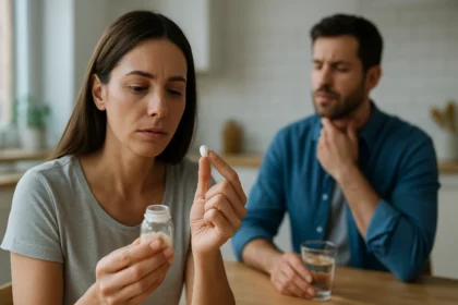 Žena s acetylcysteínom, pripravujúca sa na užitie tablety.