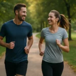 Mladý pár beží spolu v parku, zlepšujú si zdravie a duševnú pohodu.