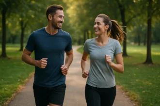 Mladý pár beží spolu v parku, zlepšujú si zdravie a duševnú pohodu.