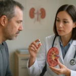 Lekárka vysvetľuje účinok lieku Milurit na obličky pacientovi.