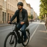 Muž jazdiaci na elektrickom bicykli v mestskej doprave