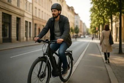 Muž jazdiaci na elektrickom bicykli v mestskej doprave