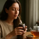 Žena pije yerba maté z pohára s prírodným nádychom.