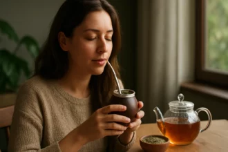 Žena pije yerba maté z pohára s prírodným nádychom.