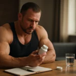 Muž s výrazným svalstvom skúma fľašu steroidu Dianabol.