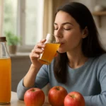 Žena pije jablkovú šťavu z pohára, vedľa sú jablká a fľaša šťavy.