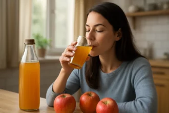 Žena pije jablkovú šťavu z pohára, vedľa sú jablká a fľaša šťavy.