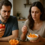 Dvoch ľudí posúvajúcich ovocie, fruktóza a jej vplyv na zdravie.