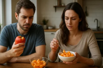 Dvoch ľudí posúvajúcich ovocie, fruktóza a jej vplyv na zdravie.