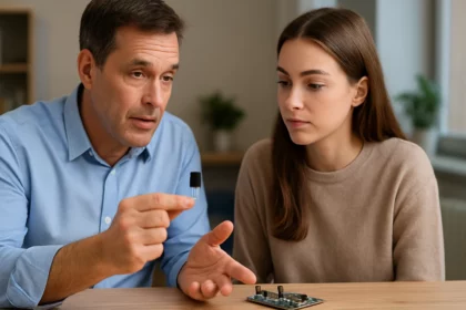 Osoba vysvetľuje fungovanie tranzistora inom človeku.